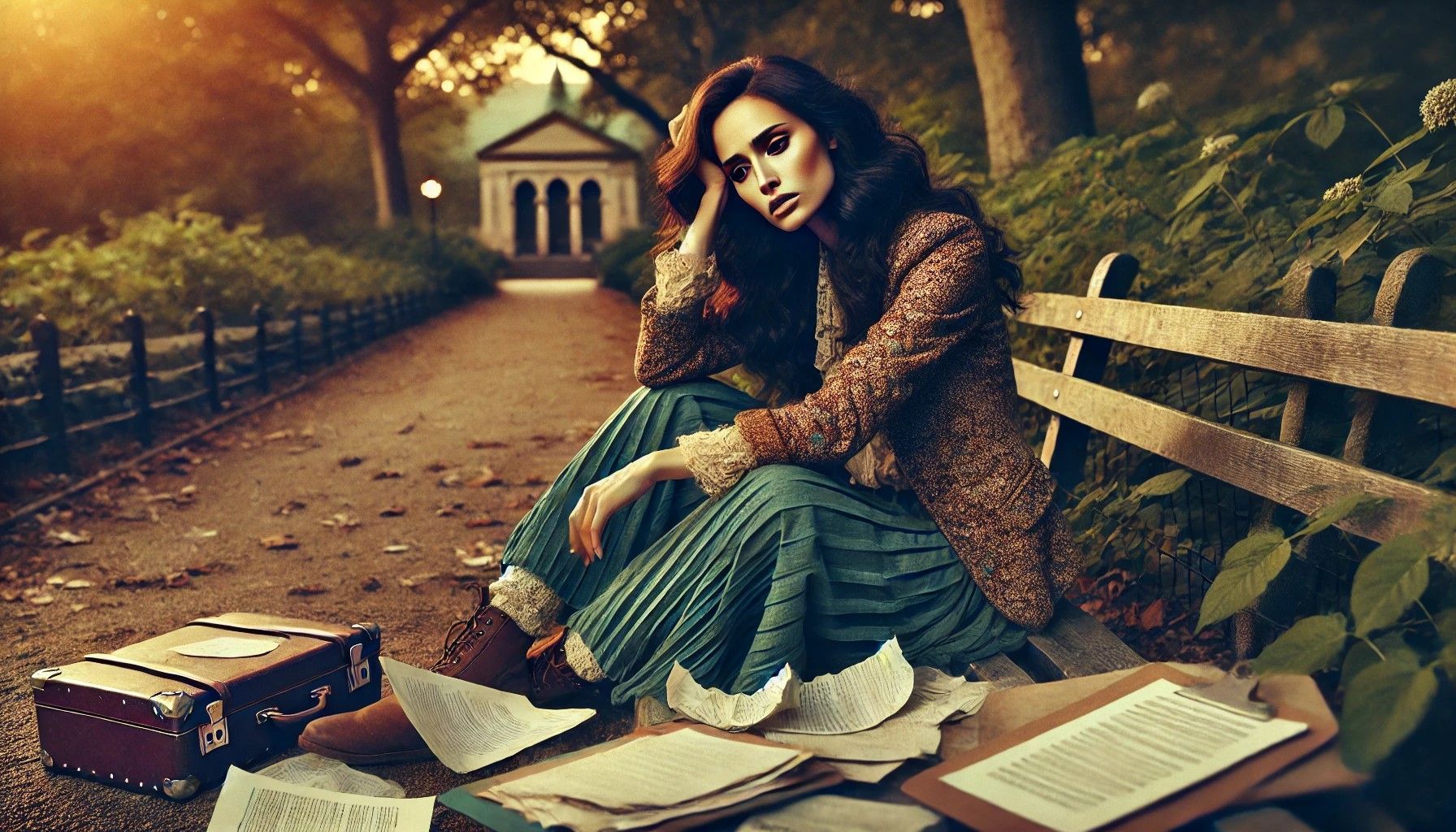 A woman is sitting on a park bench with a depressed and disheartened look on her face