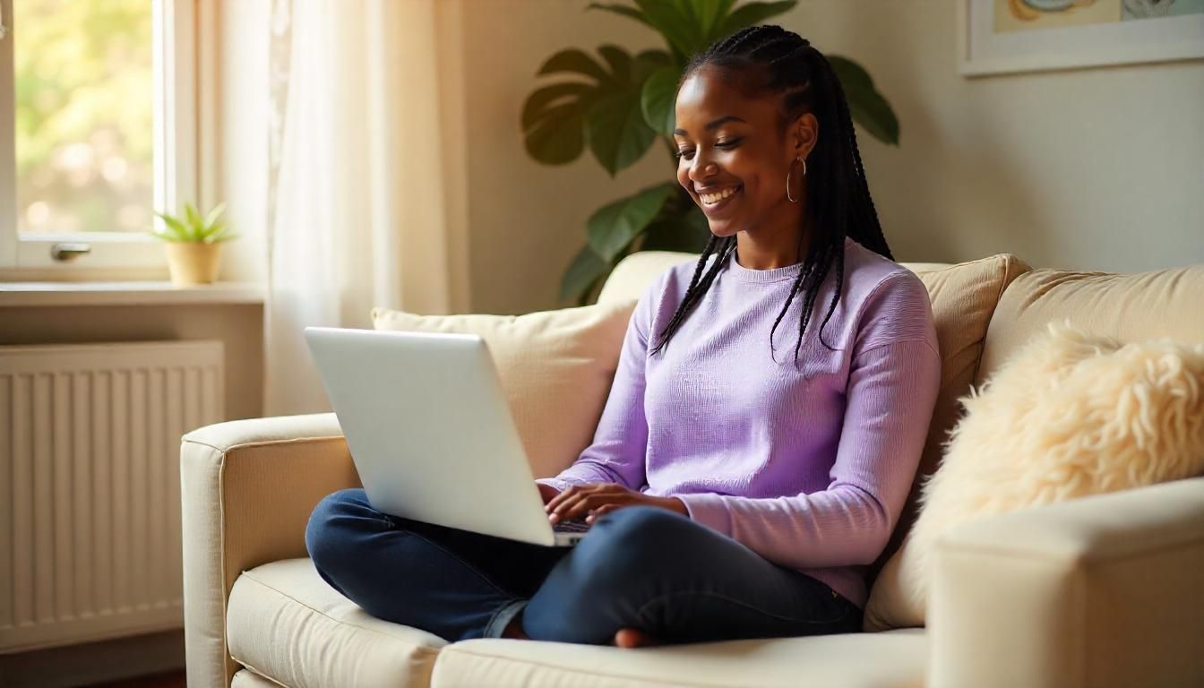 African-American woman in a cozy Dayton living room, sitting cross-legged on a plush, cream-colored 