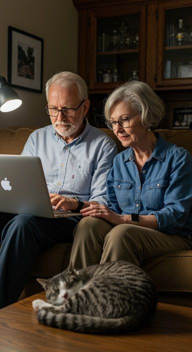 An older couple in Beavercreek looking at a laptop engaging in a virtual hypnosis session together with a pet cat curled up nearby