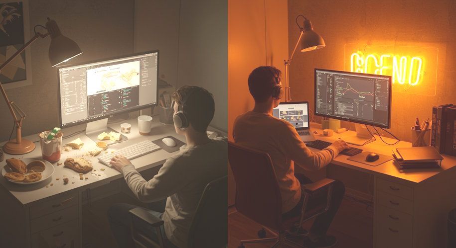 Split screen photo showing a student with a scattered desk with a messy office on one side showing an agitated ADHD mind and on the other side showing a clean desk and office with a calm ADHD mind.