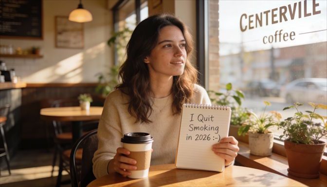 Centerville coffee shop with woman holding coffee and her journal labeled I Quit Smoking in 2026 