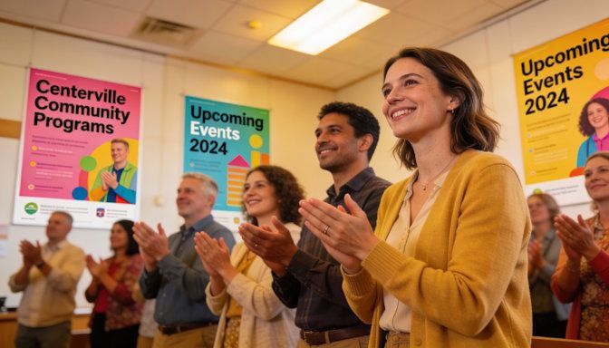 Centerville community center presentation scene supportive audience giving standing ovation informational posters visible