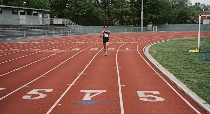Centerville running track, lone athlete training calmly in mid-distance stride, worn lane markings