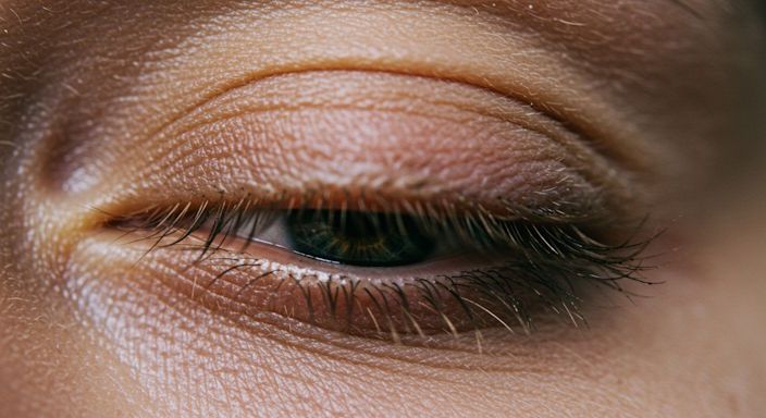 Close-up of eyelids gently closing, extreme macro showing skin texture and tiny lashes