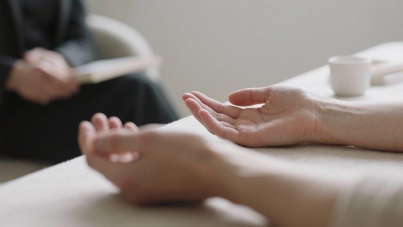 Close-up of relaxed hands during hypnosis session, therapist slightly out of focus