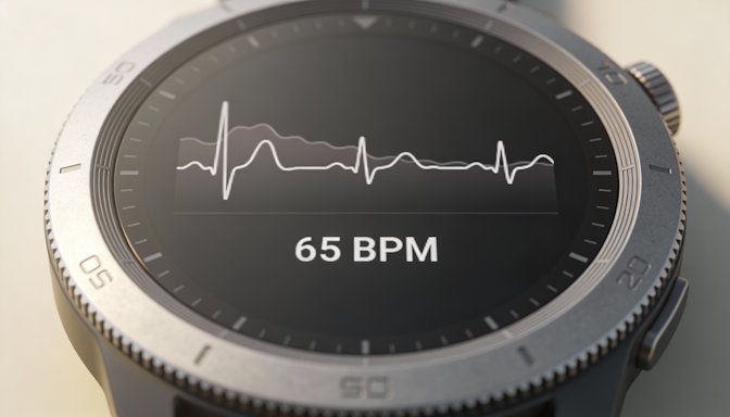 Close-up of smartwatch showing heart rate decreasing, detailed watch bezel, subtle waveform shifting to steady rhythm