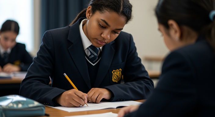 Dayton High school student taking a test with focused with a calm expression as she focuses.