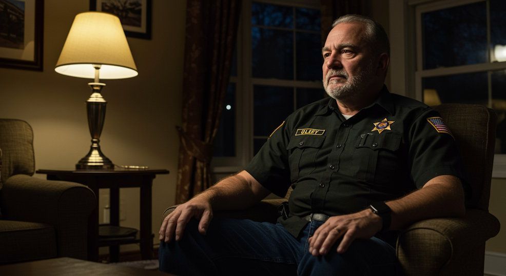Dayton Policeman sitting calmly at home in Dayton suburb, relaxed shoulders, warm evening light