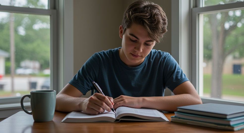 Dayton boy studying calmly without anxiety at his desk