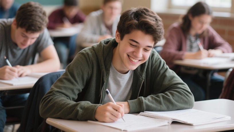 Dayton college student smiling confidently during exam