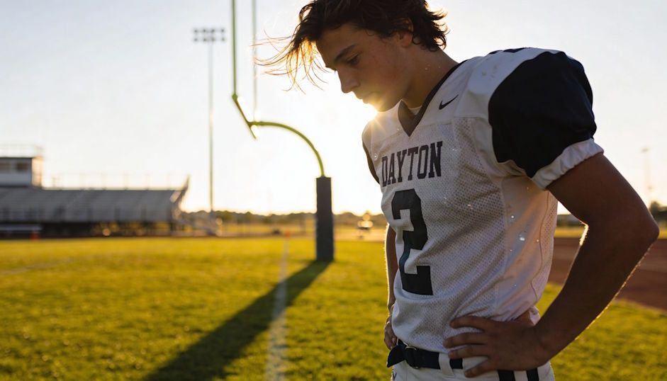 Dayton high school football player standing on field pre-game, calm focus, warm golden-hour lighting