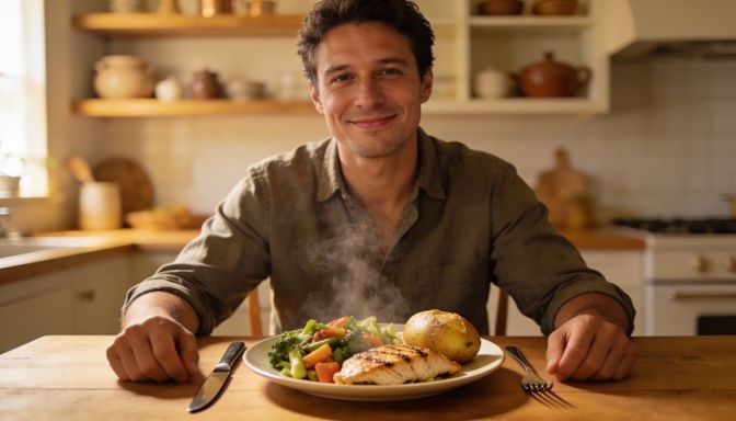 Dayton man calmly at kitchen table, healthy warm meal centered, knife and fork neatly placed, relaxed relationship with food
