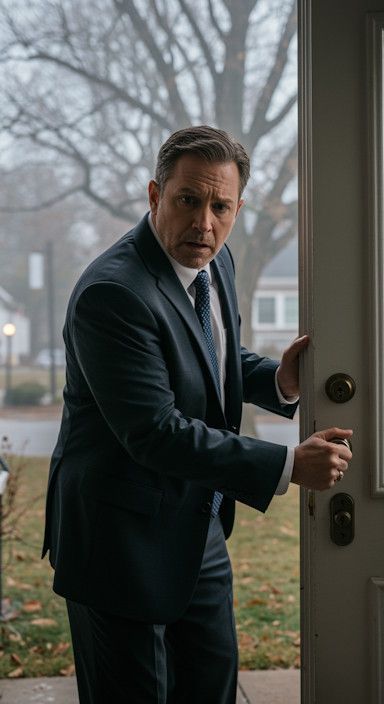 Dayton man in business suit frozen at his front door, gripping the doorknob tightly and uncertainty written on his face as he stares down at the door lock