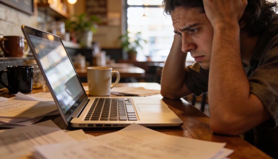 Dayton man in coffee shop overwhelmed with laptop open furrowed brow scattered papers