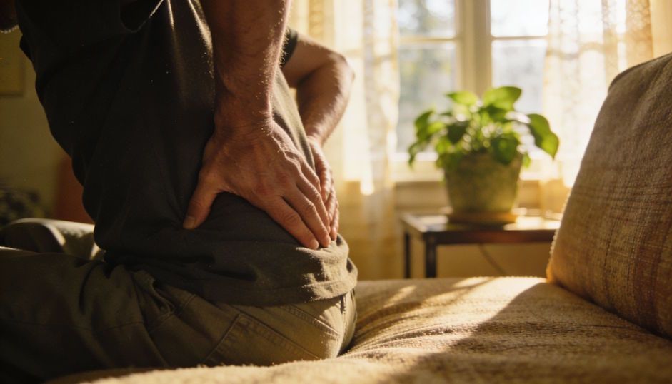 Dayton man sitting on couch holding lower back, soft natural light, cozy home details and patterned 