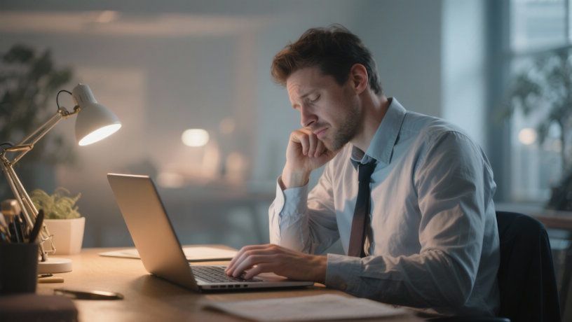 Dayton professional exhausted at the end of a long day as he closes his laptop exhaling with relief