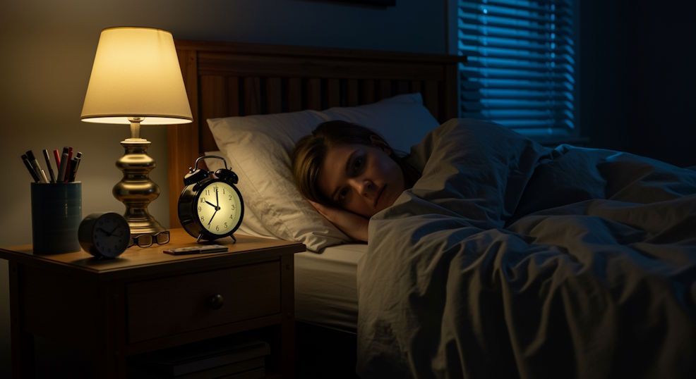 Dayton woman awake in bed at 237 am soft moonlight through blinds cluttered bedside table ticking cl