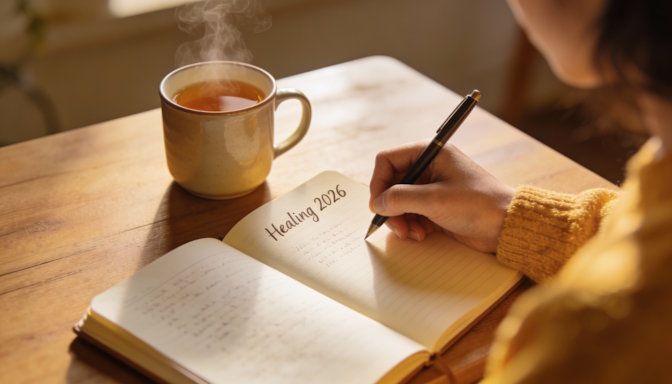 Dayton woman journaling her emotions at a desk, notebook labeled Healing 2026 with soft warm lighting and steaming mug nearby