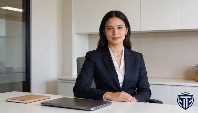 Dayton woman waiting for her interview in Dayton office, crisp navy suit, poised confident demeanor, tidy desk, subtle company logo