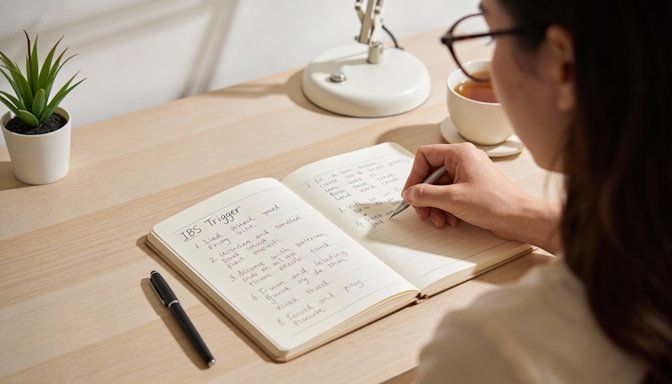 Dayton woman with long hair and reading glasses journaling IBS triggers calmly at her desk, tidy notebook and pen visible
