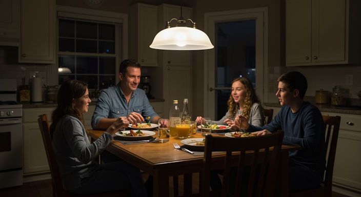Evening kitchen scene in Dayton home, calm warm lighting, husband and wife and kids sitting for healthy dinner, cozy table setting