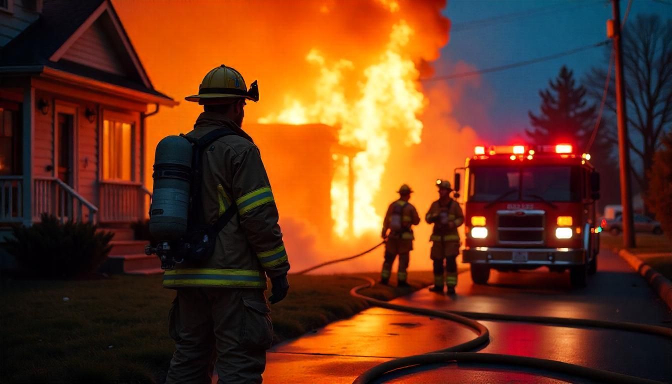 photo of a firefighter putting out a house fire