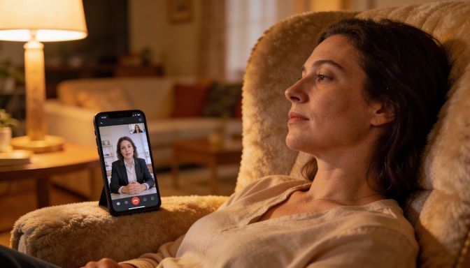 Hypnotherapist guiding her Dayton client remotely with her client reclining in an easy chair