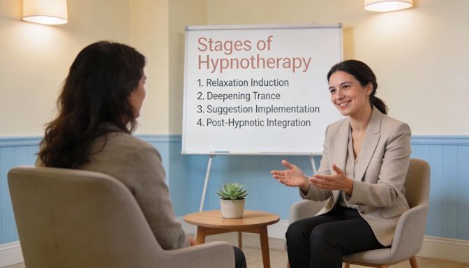 Hypnotherapist speaking reassuringly to client about stages of hypnotherapy to make her comfortable