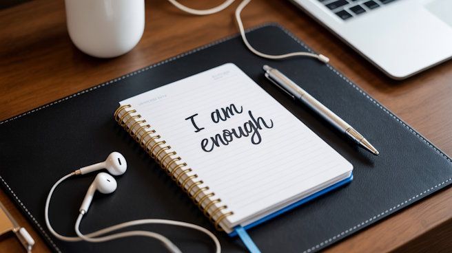 Journal with I am Enough Written on it with earbuds on the desktop