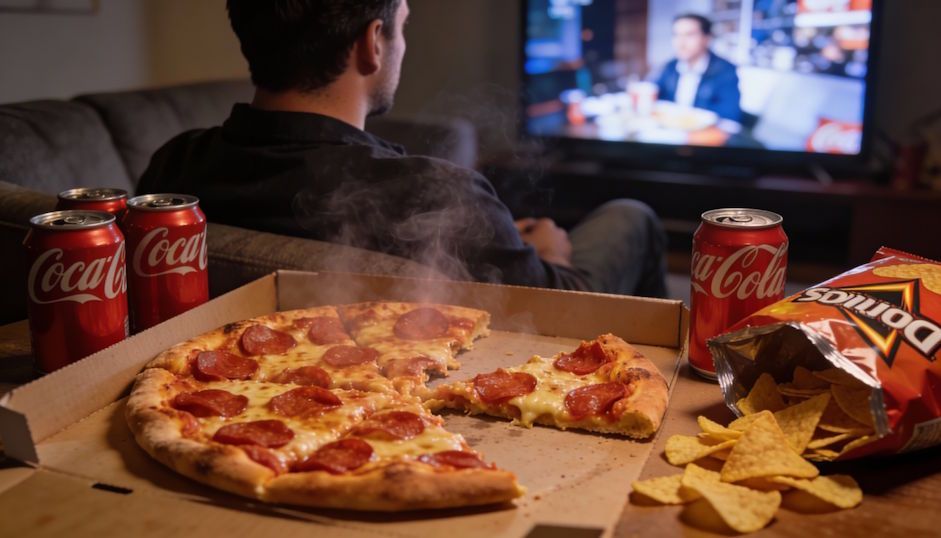 Man sitting up watching a movie with a steaming pepperoni pizza, soda cans, and Doritos