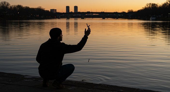 Man tossing cigarettes into the Great Miami River at sunrise, symbolizing freedom