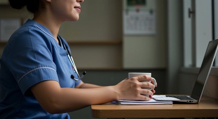 Nurse resting hands on coffee mug trying to relax at the end of her shift