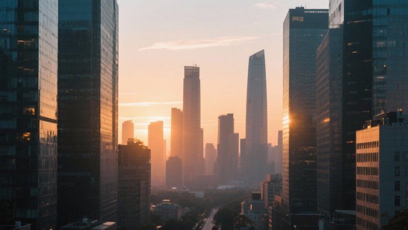 Office skyline at sunset symbolizing work-life balance