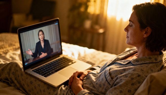 Person in pajamas sitting peacefully in bed during online hypnotherapy.