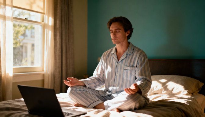 Person in pajamas sitting peacefully in bed in his Dayton home during online hypnotherapy