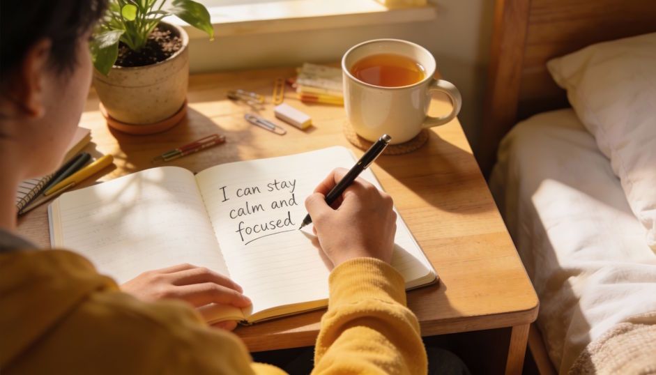 Student at bedroom desk writing in journal, handwritten affirmation “I can stay calm and focused” visible, warm morning light