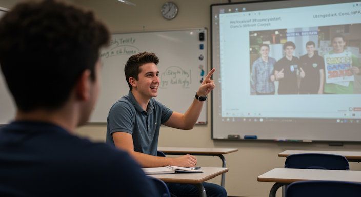 Student confidently delivers presentation, dynamic pose, bright classroom, shallow depth of field.