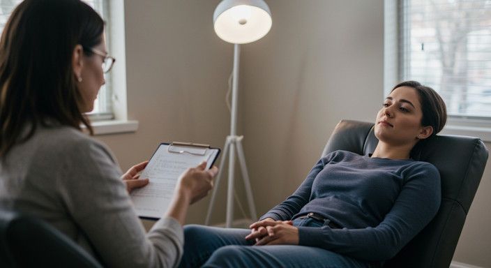 Therapist guiding a relaxed client through hypnosis in a softly lit Dayton office