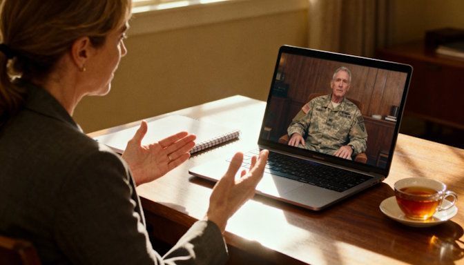 Therapist guiding a virtual hypnosis session with a veteran laptop on desk soft warm lighting