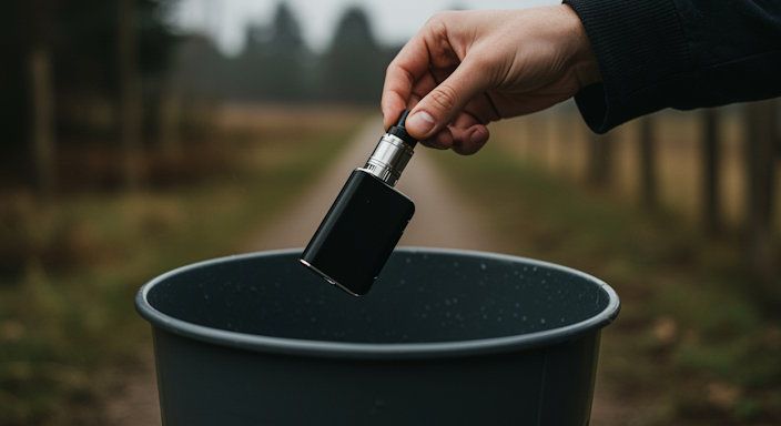 man throwing away a vape pen into a trash can