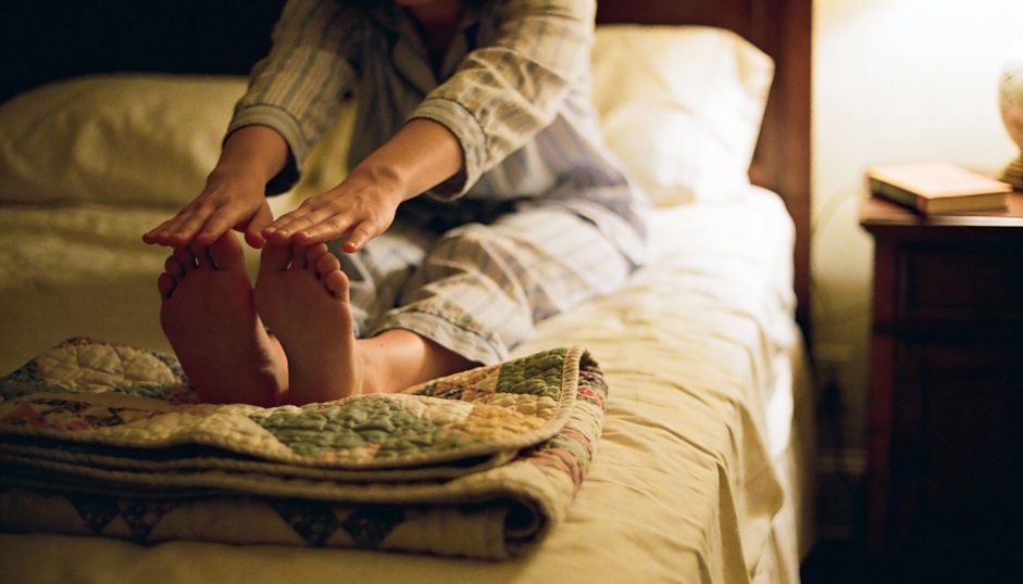 Woman stretching gently before bed in Dayton home tidy bedroom folded quilt bedside table with book calm mood