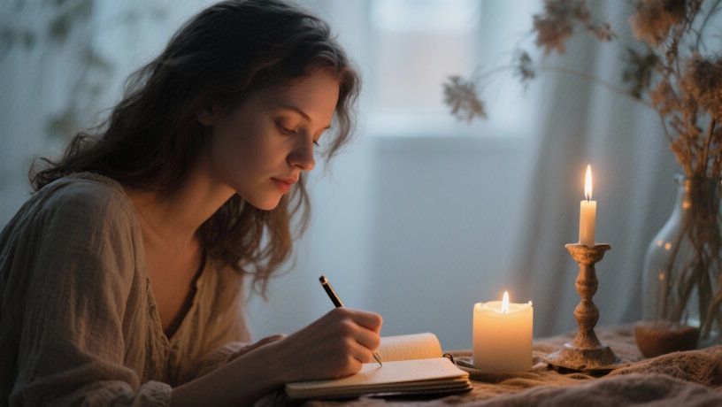 Woman taking notes with candlelight, symbolizing self-reflection and calm