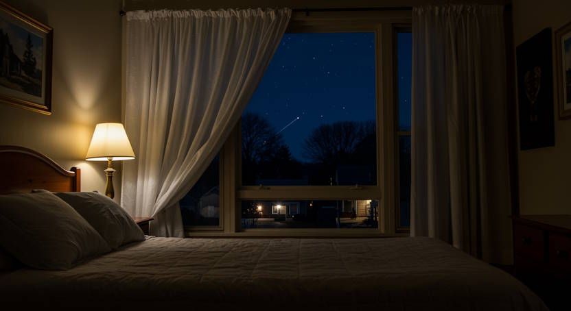 peaceful bedroom bathed in moonlight, with curtains gently swaying in a calm Dayton neighborhood
