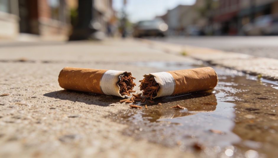 burnt up cigarettes laying on the ground in Dayton symbolizing the end of smoking in Dayton for good