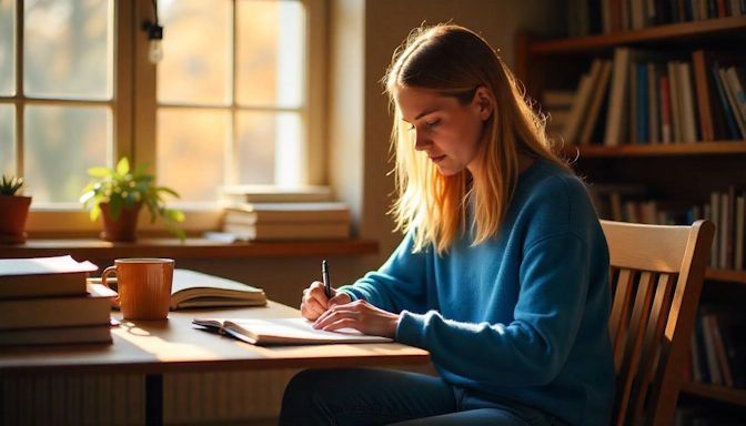 female student in a sunlit, cozy room in Dayton, OH, peacefully focused on homework after a hypnosis