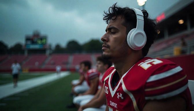high school football player in Dayton- wearing white headphones visualizing amazing performance