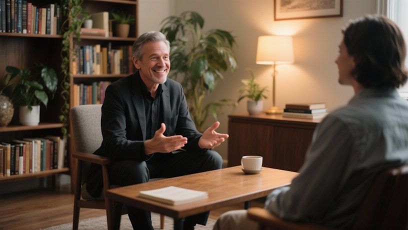 male hypnotist in his 50s, sitting across from a calm client explaining hypnosis to her