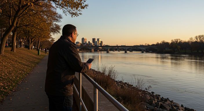 man in a crisp white shirt gazes across a serene Dayton river at sunset