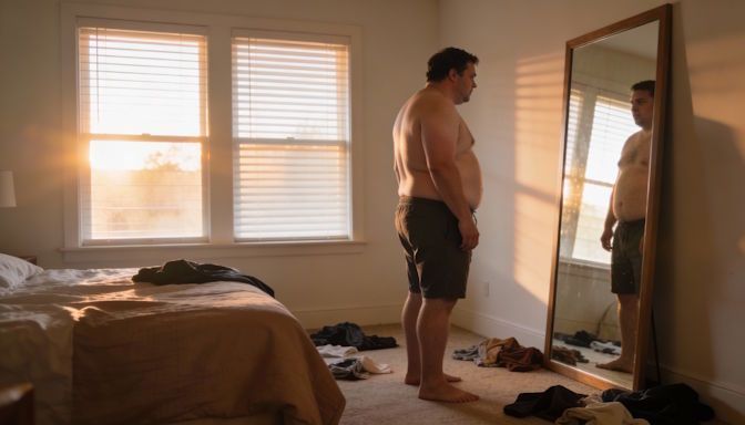 overweight Dayton man looking at himself in the mirror struggling with self confidence