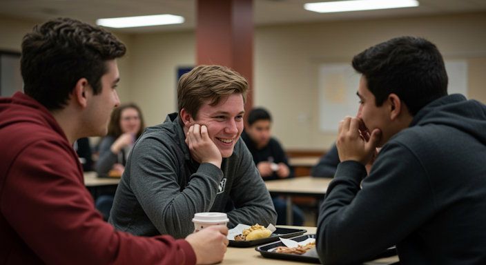 school boys sitting at a lunch table laughing having a good time together